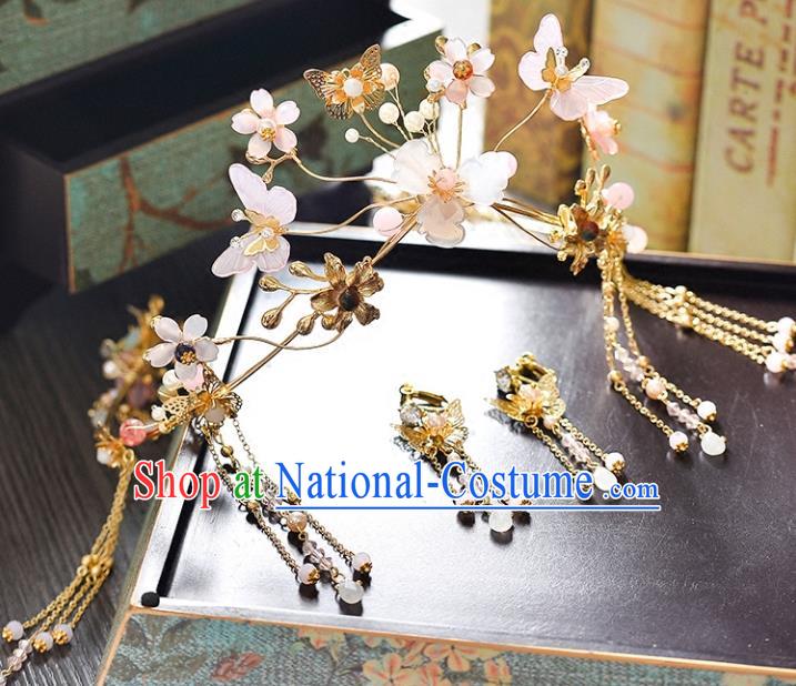 Traditional Handmade Chinese Wedding Xiuhe Suit Bride Hair Accessories Pink Butterfly Hairpins Complete Set, Step Shake Hanfu Hairpins for Women