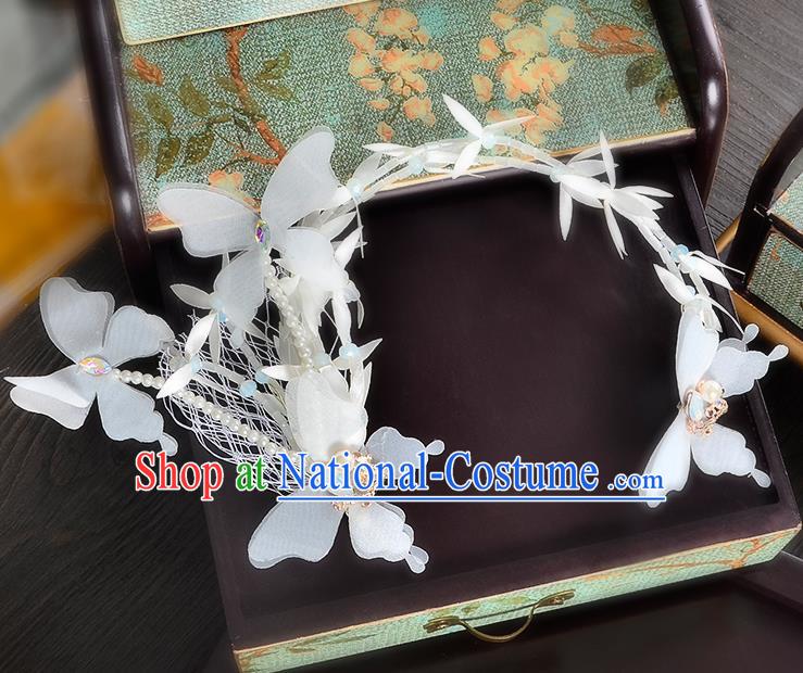 Top Grade Handmade Chinese Classical Hair Accessories Princess Wedding Baroque Headwear White Butterfly Flowers Hair Clasp Bride Headband for Women