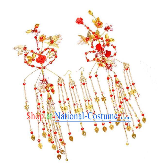 Traditional Handmade Chinese Wedding Xiuhe Suit Bride Hair Accessories Red Hairpins, Tassel Step Shake Hanfu Hairpins for Women