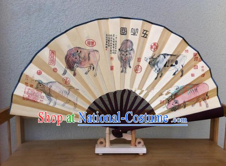 Traditional Chinese Crafts Silk Folding Fan China Sensu Ink Painting Five Oxen Accordion Fan for Men