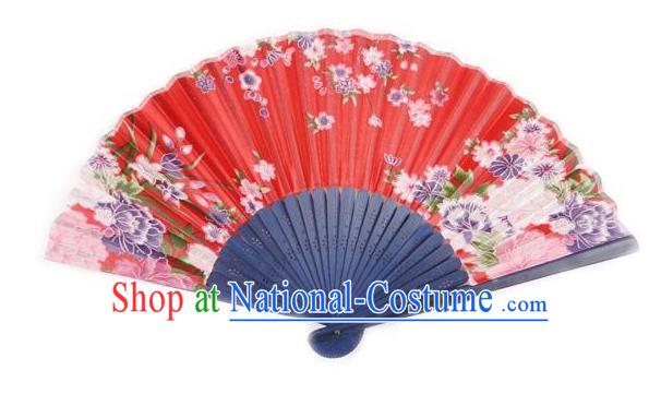 Traditional Chinese Crafts Silk Folding Fan China Sensu Japan Printing Flowers Dance Red Accordion Fan for Women