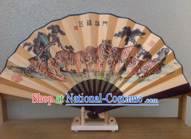 Traditional Chinese Crafts Silk Folding Fan China Sensu Printing Five Tigers Accordion Fan for Men