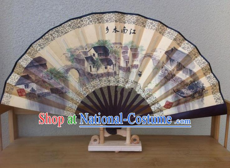 Traditional Chinese Crafts Silk Folding Fan China Sensu Ink Painting Jiangnan Countryside Accordion Fan for Men