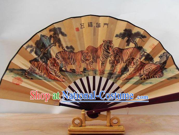 Traditional Chinese Crafts Peking Opera Folding Fan China Sensu Printing Five Tigers Accordion Silk Fan for Men