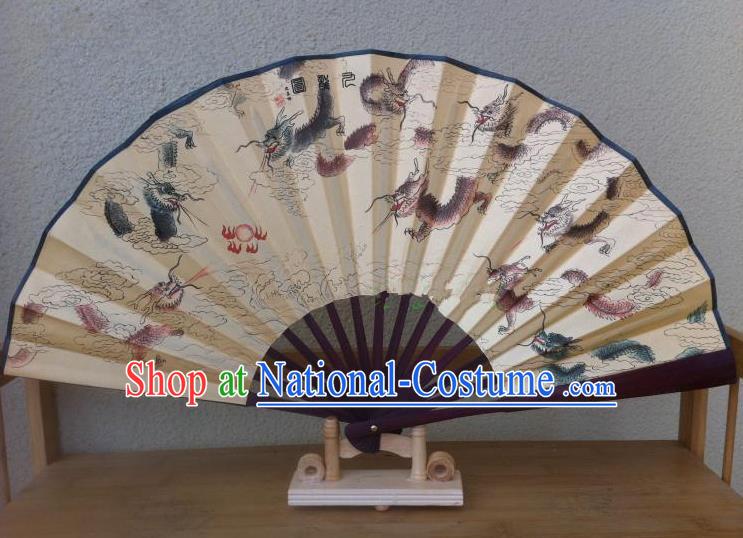 Traditional Chinese Crafts Silk Folding Fan China Sensu Ink Painting Nine Dragons Accordion Fan for Men