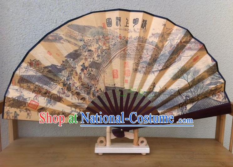 Traditional Chinese Crafts Silk Folding Fan China Sensu Ink Painting Riverside Scene at Qingming Festival Accordion Fan for Men