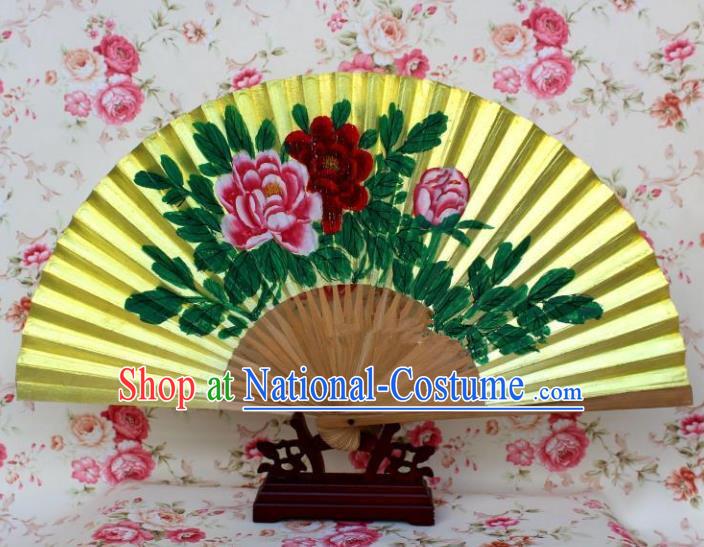 Traditional Chinese Crafts Peking Opera Folding Fan China Sensu Printing Flowers Golden Paint Fan for Women