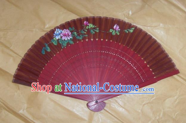 Traditional Chinese Crafts Peking Opera Folding Fan China Sensu Printing Flowers Red Wood Paper Fan