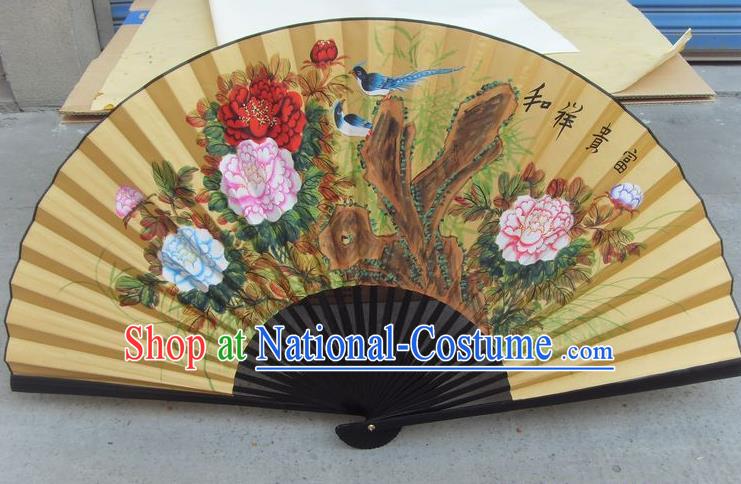 Traditional Chinese Crafts Peking Opera Folding Fan China Sensu Hand Painting Peony Rich Large Xuan Paper Fan