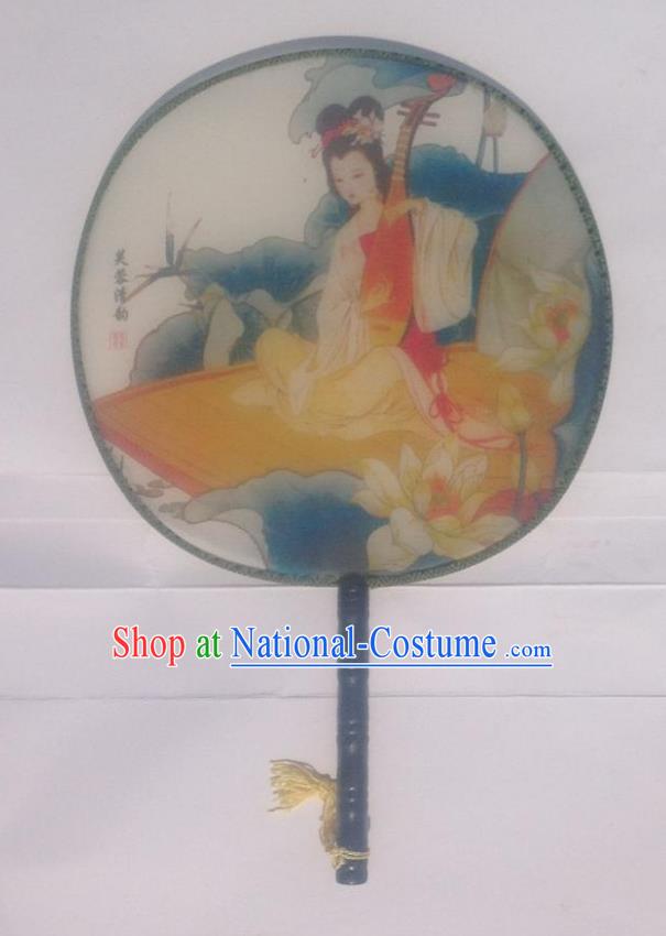 Traditional Chinese Crafts Ancient Palace Lady Dance Round Silk Fan, China Hand Painting Lute Beauty Imperial Concubine Hanfu Circular Fan for Women