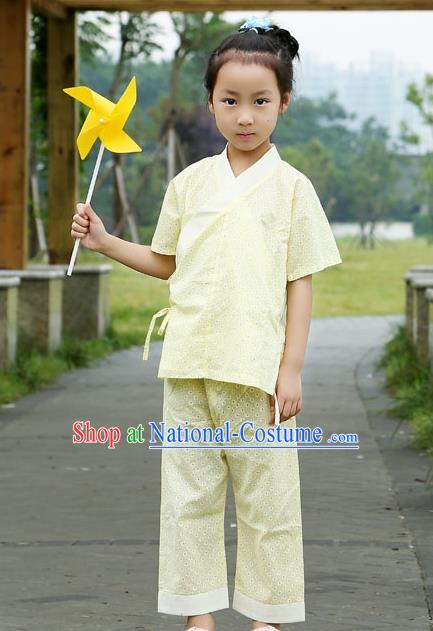 Traditional Chinese Han Dynasty Children Hanfu Kungfu Costume, China Ancient Martial Arts Yellow Clothing for Kids