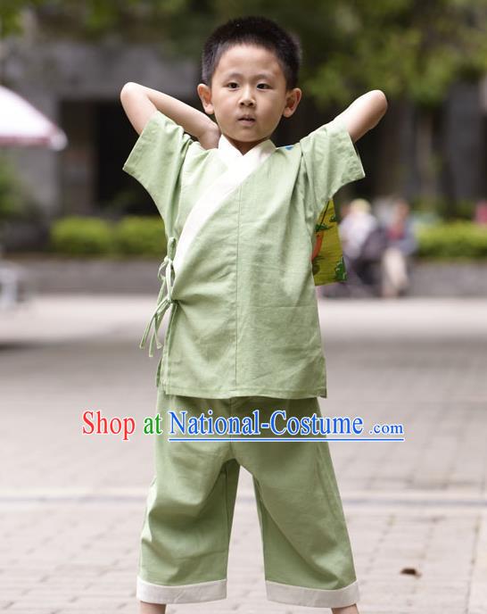 Traditional Chinese Han Dynasty Children Hanfu Kungfu Costume, China Ancient Martial Arts Green Clothing for Kids