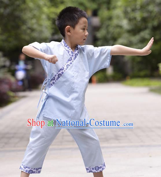 Traditional Chinese Han Dynasty Children Hanfu Kungfu Costume, China Ancient Martial Arts Blue Clothing for Kids