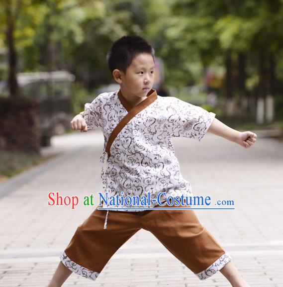 Traditional Chinese Han Dynasty Children Hanfu Kungfu Costume, China Ancient Martial Arts Brown Clothing for Kids