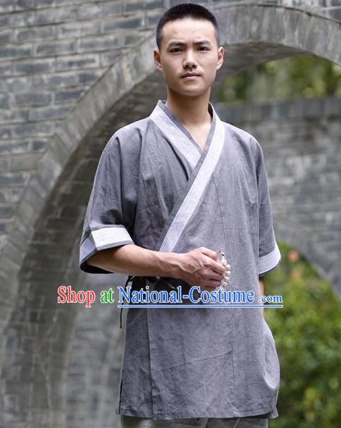 Traditional Chinese Han Dynasty Nobility Childe Hanfu Costume Slant Opening Deep Grey Shirt, China Ancient Martial Arts Upper Garment Clothing for Men