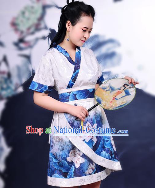 Traditional Ancient Chinese Young Women Cheongsam Ink Painting Lotus Dress, Republic of China Tangsuit Brocade Cheongsam for Women