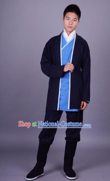 Traditional Chinese Han Dynasty Nobility Childe Hanfu Costume Slant Opening Blue Shirt and Cardigan, China Ancient Martial Arts Upper Garment Clothing for Men