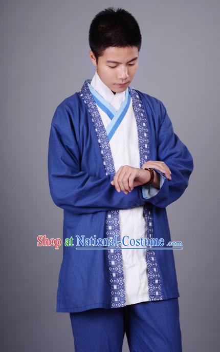 Traditional Chinese Han Dynasty Nobility Childe Hanfu Costume Slant Opening White Shirt and Cardigan, China Ancient Martial Arts Upper Garment Clothing for Men