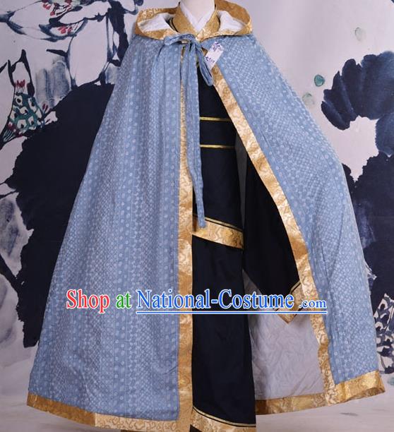 Traditional Ancient Chinese Costume Han Dynasty Prince Cloak, Elegant Hanfu Clothing Chinese Swordsman Blue Cape Clothing for Men