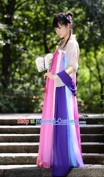 Traditional Chinese Tang Dynasty Young Lady Hanfu Costume, China Ancient Princess Rainbow Dress Clothing for Women