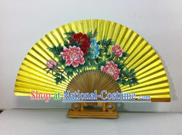 Traditional Chinese Crafts Peking Opera Folding Fan China Sensu Hand Painting Peony Chinese Xuan Paper Golden Paint Fan for Women