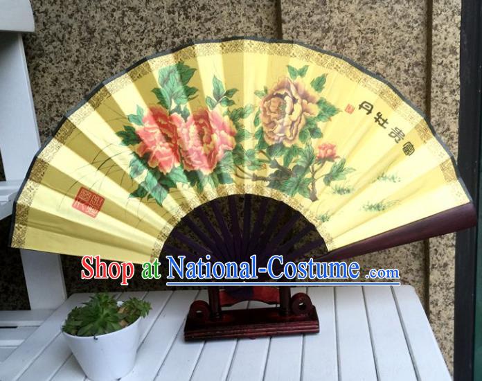 Traditional Chinese Crafts Peking Opera Folding Fan China Sensu Handmade Chinese Painting Peony Xuan Paper Fan for Men