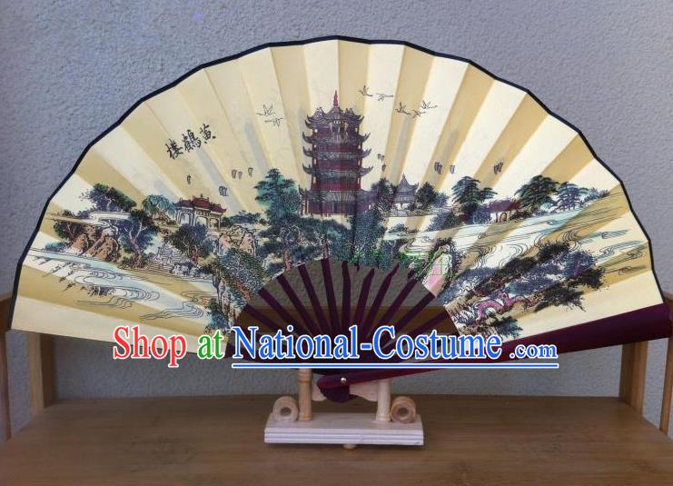 Traditional Chinese Crafts Peking Opera Folding Fan China Sensu Handmade Chinese Painting Yellow Crane Tower Silk Fan for Men