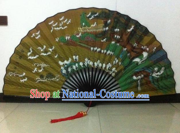 Traditional Chinese Crafts Peking Opera Folding Fan China Sensu Handmade Chinese Painting Crane Large Silk Fan for Men