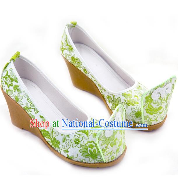 Traditional Chinese Ancient Wedding Cloth Shoes, China Princess Shoes Hanfu Handmade Embroidery Green Become Warped Head Shoe for Women