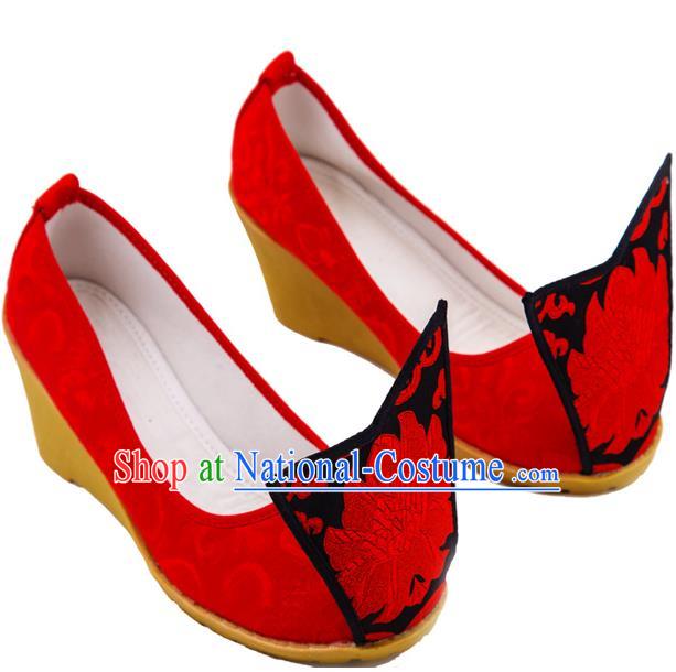 Traditional Chinese Ancient Wedding Cloth Shoes, China Princess Wedding Shoes Hanfu Handmade Embroidery Red Become Warped Head Shoe for Women