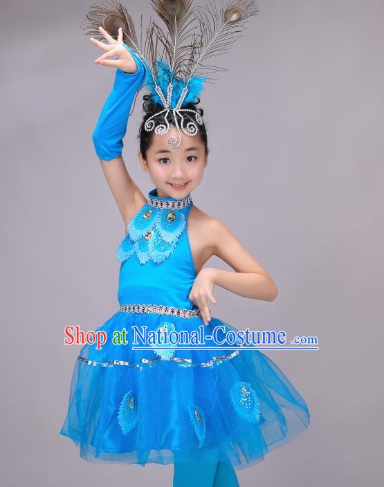 Chinese Dai Nationality Modern Dance Costume, Children Opening Classic Chorus Singing Group Dress Peacock Dance Dress for Girls Kids