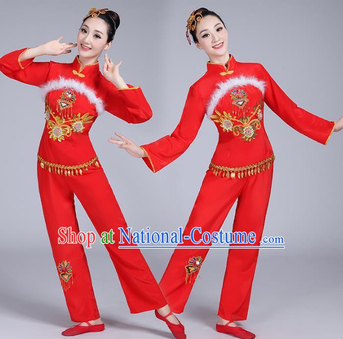 Traditional Chinese Classical Dance Yangge Fan Dance Embroidery Costume, Folk Dance Drum Dance Clothing Yangko Red Uniform for Women