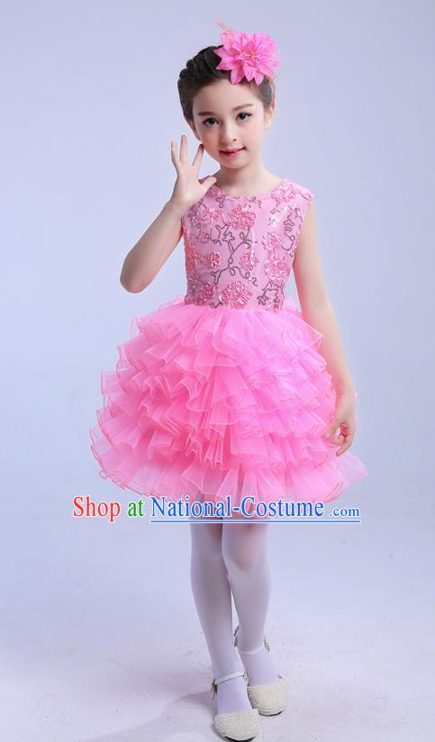 Top Grade Chinese Compere Professional Performance Catwalks Costume, Children Princess Bubble Pink Full Dress Modern Dance Dress for Girls Kids