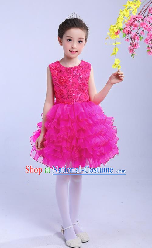 Top Grade Chinese Compere Professional Performance Catwalks Costume, Children Princess Bubble Rosy Full Dress Modern Dance Dress for Girls Kids