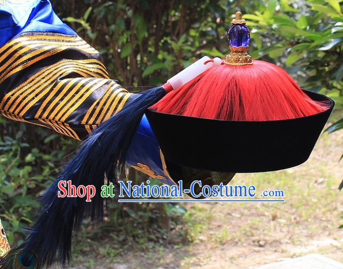 Traditional China Beijing Opera Officer Minister Hat, Ancient Chinese Peking Opera Qing Dynasty Manchu Eunuch Headwear