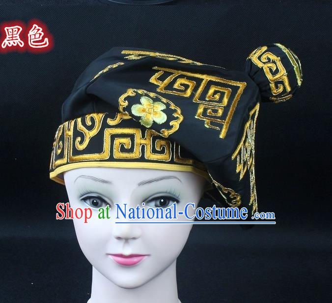 Traditional China Beijing Opera Takefu Hat, Ancient Chinese Peking Opera Martial Arts Men Headwear Embroidery Black Kerchief