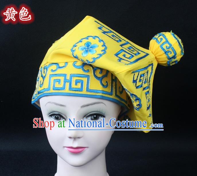 Traditional China Beijing Opera Takefu Hat, Ancient Chinese Peking Opera Martial Arts Men Headwear Embroidery Yellow Kerchief