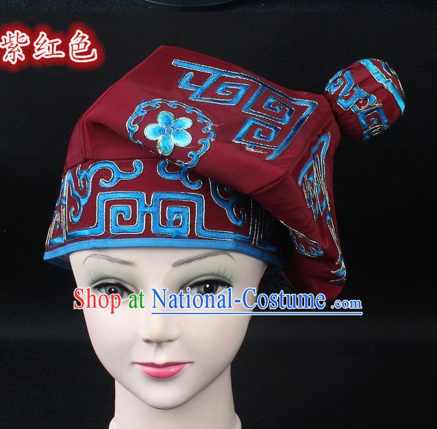 Traditional China Beijing Opera Takefu Hat, Ancient Chinese Peking Opera Martial Arts Men Headwear Embroidery Purplish Red Kerchief