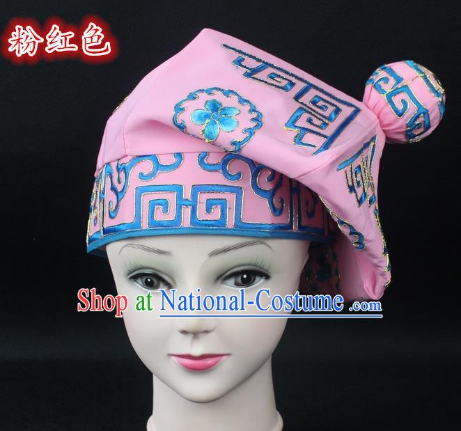 Traditional China Beijing Opera Takefu Hat, Ancient Chinese Peking Opera Martial Arts Men Headwear Embroidery Pink Kerchief