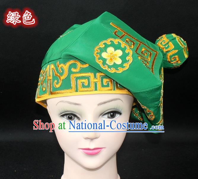 Traditional China Beijing Opera Takefu Hat, Ancient Chinese Peking Opera Martial Arts Men Headwear Embroidery Green Kerchief