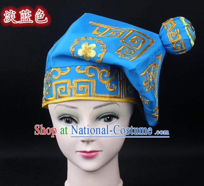 Traditional China Beijing Opera Takefu Hat, Ancient Chinese Peking Opera Martial Arts Men Headwear Embroidery Light Blue Kerchief