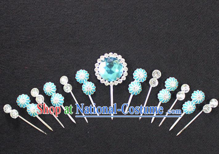 Traditional China Beijing Opera Young Lady Hair Accessories Complete Set, Ancient Chinese Peking Opera Hua Tan Headwear Diva Blue Crystal Hairpins