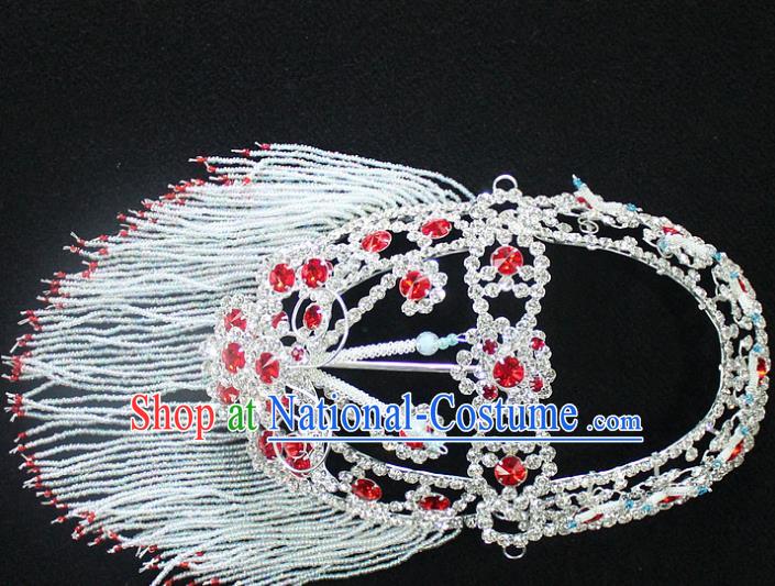 Traditional China Beijing Opera Young Lady Hair Accessories Head-ornaments, Ancient Chinese Peking Opera Hua Tan Headwear Diva Red Crystal Headpiece