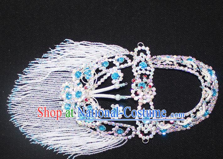 Traditional China Beijing Opera Young Lady Hair Accessories Head-ornaments, Ancient Chinese Peking Opera Hua Tan Headwear Diva Blue Crystal Headpiece