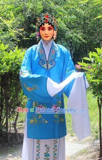 Traditional China Beijing Opera Young Lady Hua Tan Costume Embroidered Water Sleeve Blue Cape, Ancient Chinese Peking Opera Female Diva Embroidery Dress Clothing