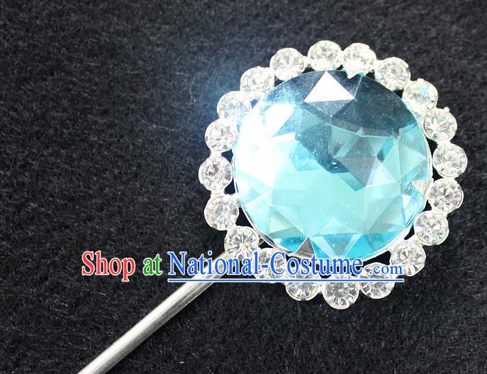 Traditional China Beijing Opera Young Lady Hair Accessories Blue Crystal Hairpin, Ancient Chinese Peking Opera Hua Tan Headwear Diva Hairpins