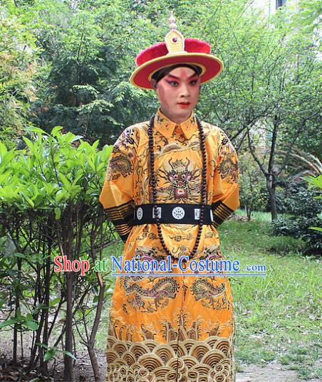 Traditional China Beijing Opera Costume Qing Dynasty Emperor Embroidered Robe and Headwear, Ancient Chinese Peking Opera Embroidery Dragon Gwanbok Clothing