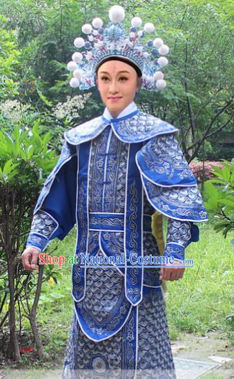 Traditional China Beijing Opera Costume Yang Warrior Robe and Headwear Complete Set, Ancient Chinese Peking Opera Soldier Blue Gwanbok Clothing