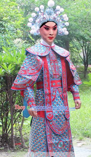 Traditional China Beijing Opera Costume Yang Warrior Robe and Headwear Complete Set, Ancient Chinese Peking Opera Soldier Red Gwanbok Clothing