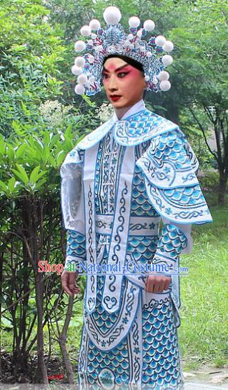 Traditional China Beijing Opera Costume Yang Warrior Robe and Headwear Complete Set, Ancient Chinese Peking Opera Soldier Light Blue Gwanbok Clothing